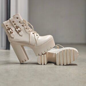 Lace-Up Platform Chunky Heel Ankle Boots With Dual Buckle Detail In Off White